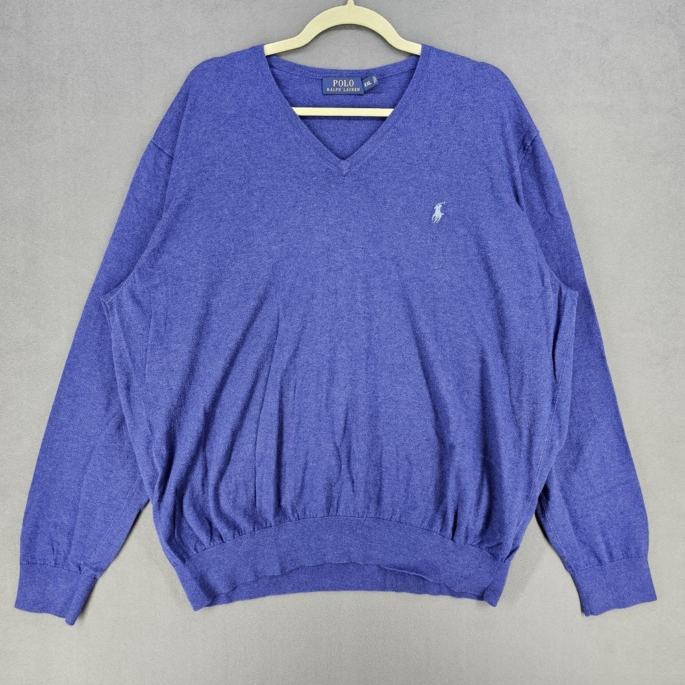 Polo Ralph Lauren Sweater Mens 2XL Blue Cotton Cashmere V Neck Pullover Knit